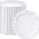 FOCUSLINE 7 Inch White Plastic Plates, 100 Count Disposable Heavy Duty Salad Dessert Plates, Premium Hard Plastic for Weddings, Parties and Events