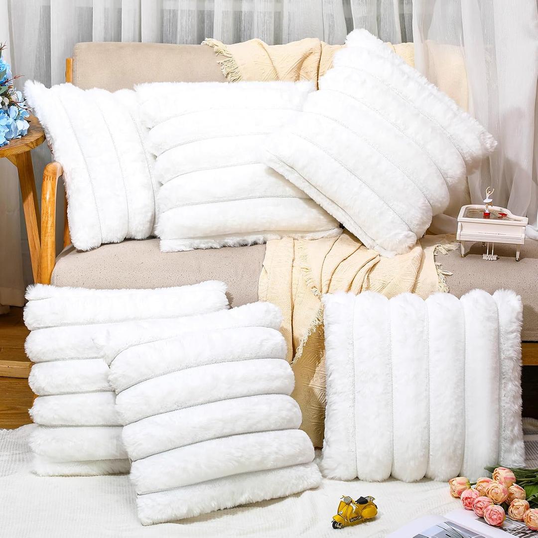 Mixweer 6 Pcs 18x18 Inch Faux Fur Plush Decorative Throw Pillow Covers Soft Plush Striped Couch Pillow Covers Faux Fur Pillow Covers for Sofa Couch Bedroom Living Room Party (White)