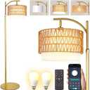 Bohemian Rattan Floor Lamp for Living Room - Golden Arc Design, 12W LED (1 in use + 1 Spare), Remote & Dimmable 3 - Color Temp, Tall Standing Lamp (Small)