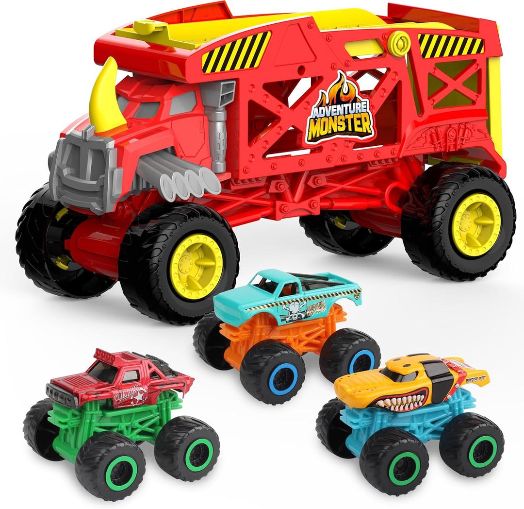 4-in-1 Monster Truck Transport Carrier Playset, Red Mover Rhino Toy Cars Hauler Set for Children, Including 3 Diecast Monster Trucks, Ideal Gift for Kids 3+