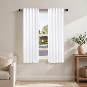 Pitalk White Curtains 38 Inch Width for Kitchen Windows 2 Panel Back Tab Rod Pocket Linen Cafe Tier Light Filtering Short Sheer Curtains for Bathroom Laundry Basement Farmhouse Decor Wide 38x45 Length