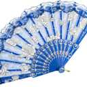 Pack Of 5 Handheld Chinese Folding Fan Lace Hand Fans for Women Foldable Bulk for Party Wedding Church Dancing (Blue)