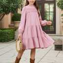 Sunny Spirit Girl's Long Sleeve Dress Tween Fall Formal Party Midi Tiered Flowy Swing Dresses 5-14 Year (Pink)