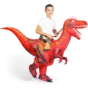Spooktacular Creations Kids Halloween Raptor Inflatable Costume, LED Eyes Ride Raptor Dinosaur Blow Up for Halloween Party (Small, Red)