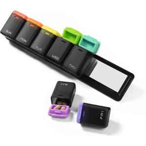 Fridge Magnetic Weekly Pill Organizer, Easy Open Daily Reminder Waterproof Pill Box for Vitamins, Travel & Daily Use (Black)