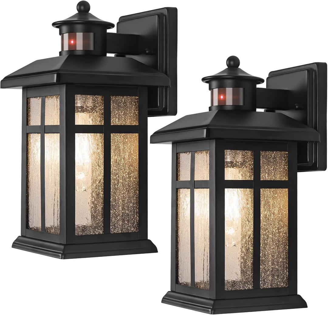 Motion Sensor Outdoor Wall Lights 2 Packs- Updated Dusk to Dawn Outdoor Lighting, Exterior Light Fixtures with E26 Sockets & Tempered Glass, Wall Mounted Black Waterproof Outdoor Lights for House