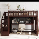 KEIKI Full Size Loft Bed with Movable Desk, Storage Shelf, Storage Stairs, Wood Bedframe, Espresso
