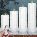 Rossesay 8" 10" 12" 14" x 4" Large Waterproof Outdoor Flameless Candles, 4 Pcs LED Pillar Candles with Remote and Timers Battery Operated Jumbo Flickering for Home Patio Church Lanterns(White)