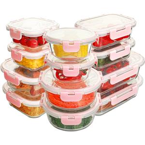 12 Pack Glass Food Storage Containers Set, Glass Meal Prep Containers with Lids, Airtight Lunch Containers, Dishwasher Safe, Pink