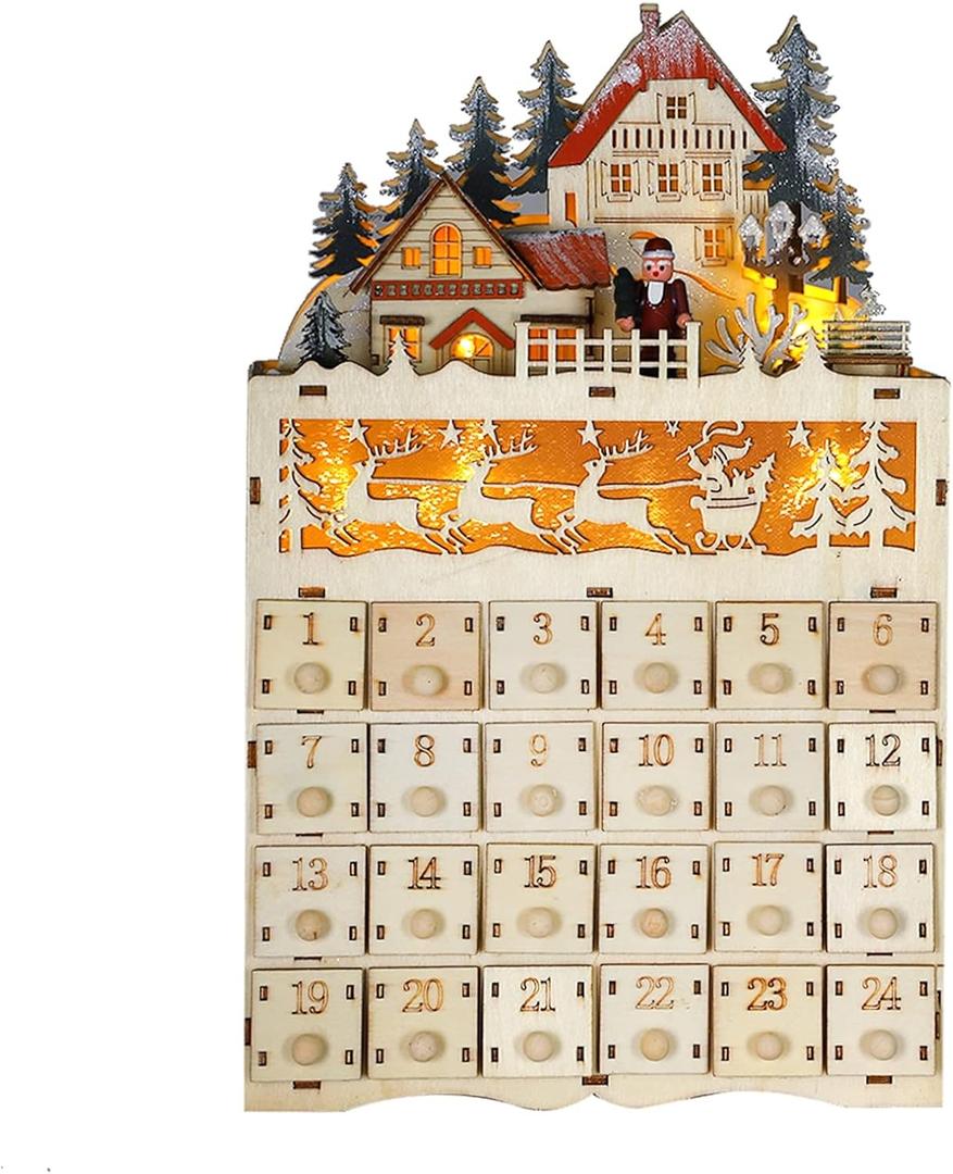 MorTime 24 Day Advent Calendar Decorated with Lighted Reindeer Cabin and Christmas Tree, Wooden Countdown to Christmas Calendar Decoration with 24 Storage Drawers