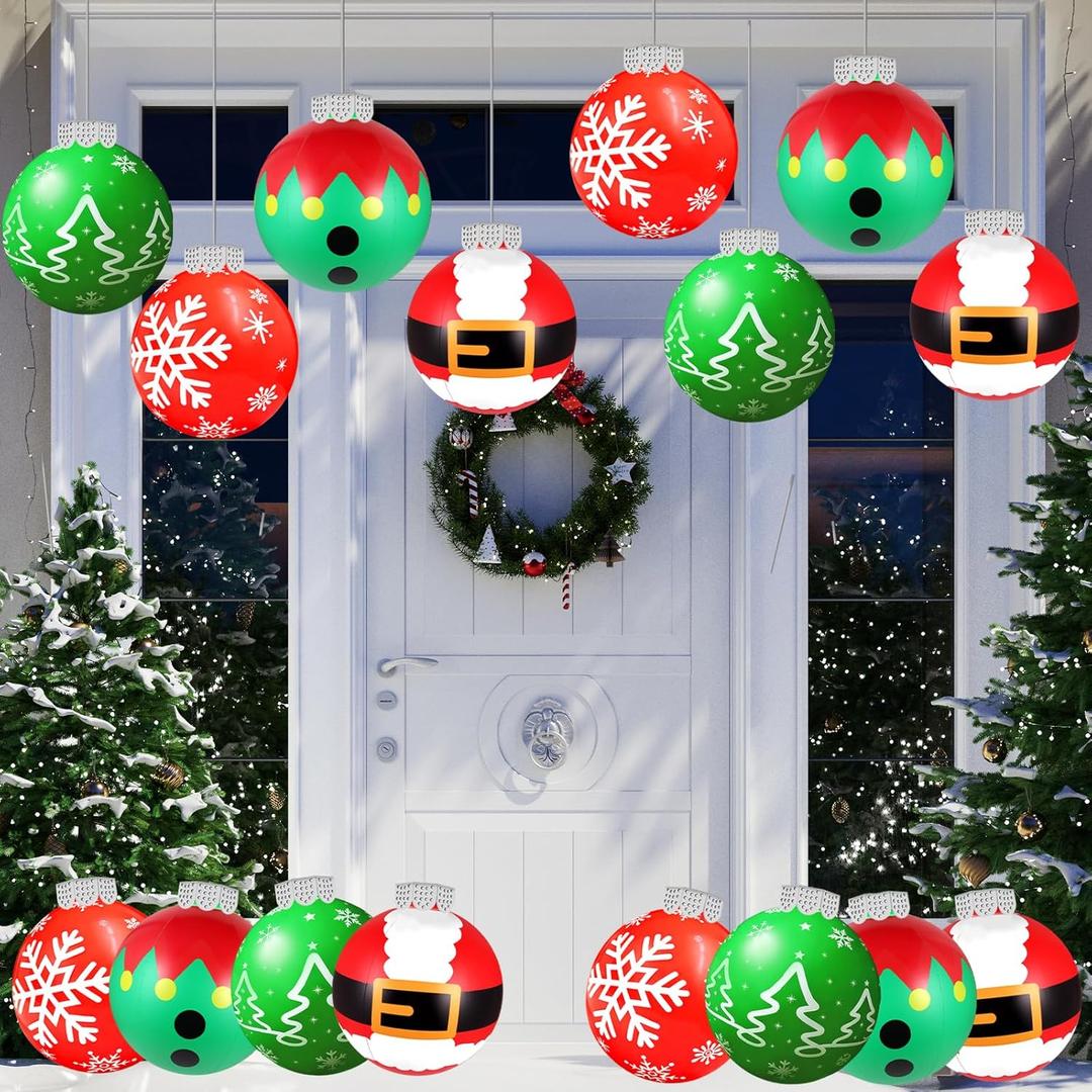 9 Inch Large Inflatable Christmas Balls Outdoor, Blow up Christmas Ornaments Balls with Holiday-Themed Patterns, Decorations for Front Porch, Tree, Yard (8 Pcs)
