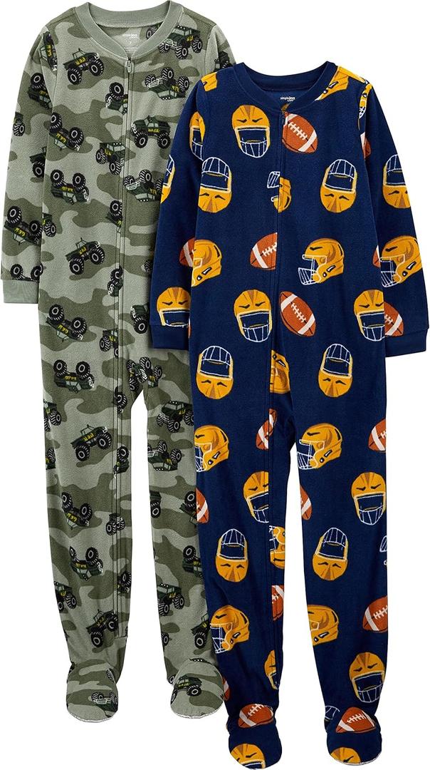 Simple Joys by Carter's Kids' Loose-fit Flame Resistant Fleece Footed Pajamas (6, Green Monster Trucks/Navy Football)