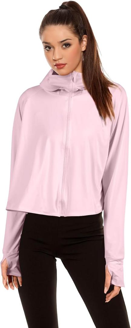 1 Pc Women's Sun Protection Jacket Hoodie with Mask UV Lightweight Full Zipper Long Sleeve Clothing Shirt Outdoor Pink (Large)
