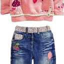 MAXIMGR Toddler Girl Clothes Baby Girl Outfits Cute Long Sleeve Cartoon Top + Jeans Pants Fall Winter Girls Clothing Sets (5T, Pink Orange)