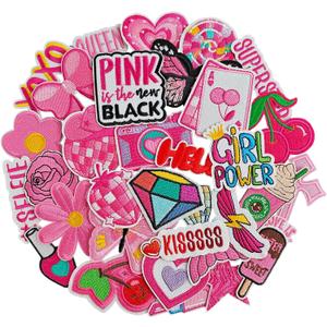 32Pcs Iron on Patches for Women, Embroidered Pink Iron on/Sew on Patches for Clothes, Hats, Jeans, Jacket