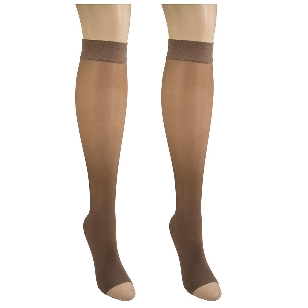 NuVein Sheer Compression Stockings for Women, 8-15 mmHg Support, Light Denier, Knee High, Open Toe, Taupe, Medium
