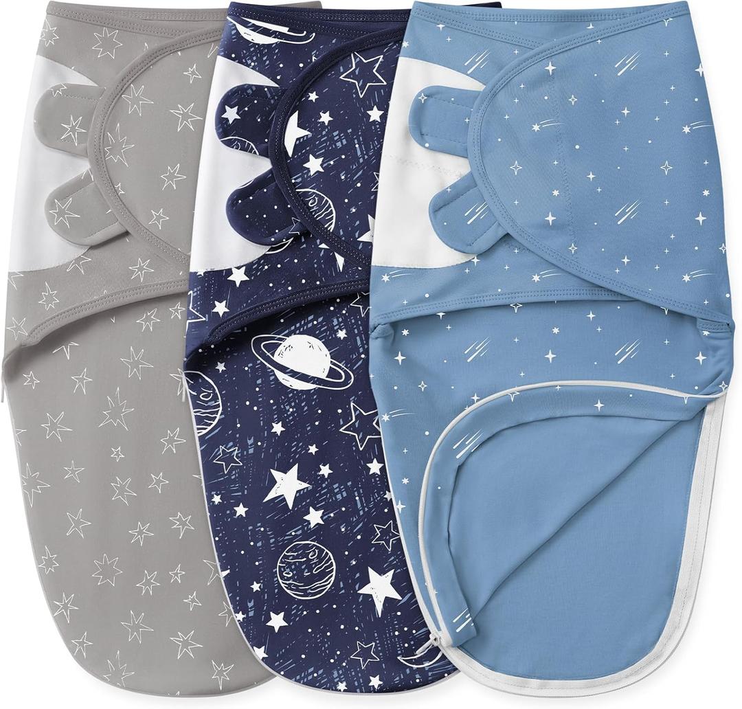 Unnivoll Baby Swaddles for Newborns with Zipper, 100% Cotton Newborn Swaddle Sack, 3 Pack Baby Swaddles 0-3 Months Swaddle Sleep Sack for Newborn Baby Boy Girl Blue Planet (Small)
