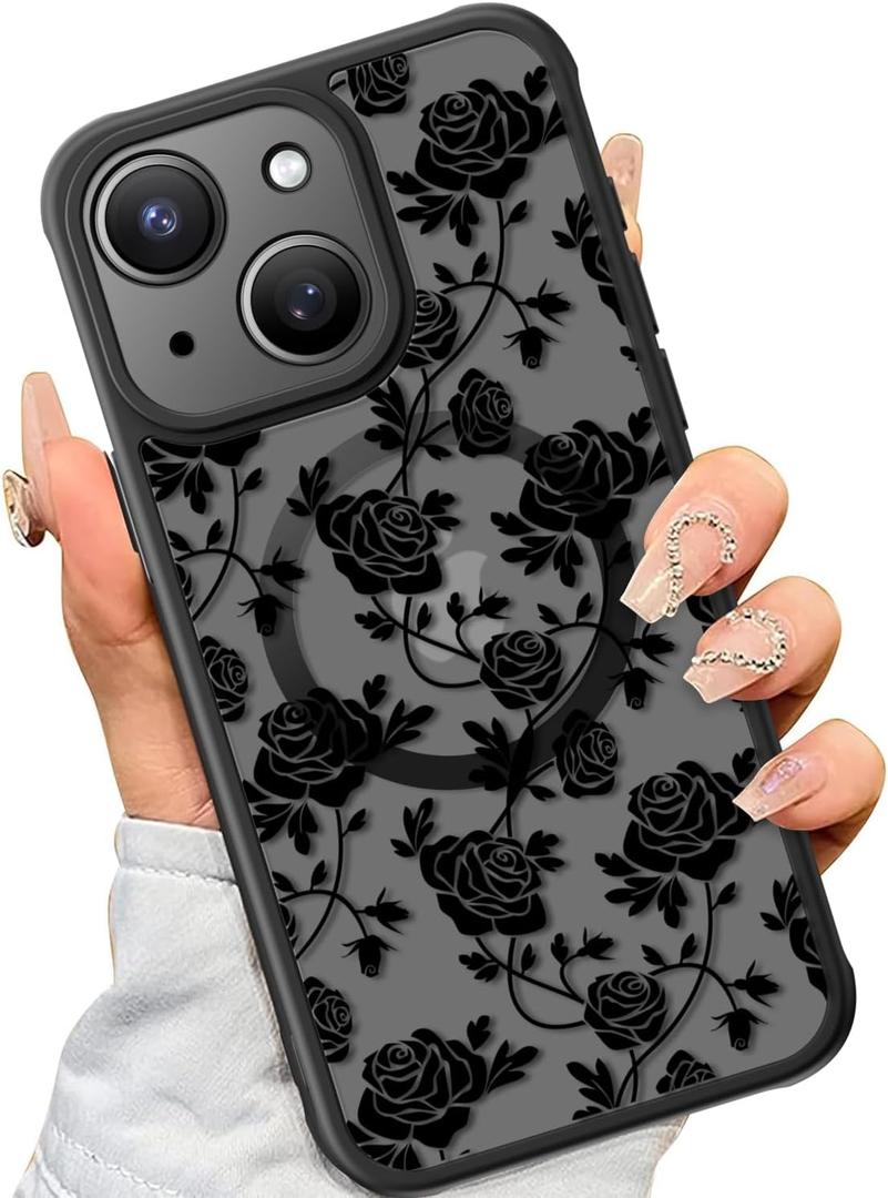 SEXYMOM Magnetic for iPhone 15 Case - Wireless Charging Compatible,Military Drop Tested Cover,Cute Floral Design for Women and Girls,Slim Fit Translucent Matte Phone Case - Roses