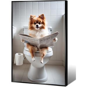 Cute Pomeranian sitting on toilet and reading newspaper Animal picture wall decor Dog canvas wall art Funny bathroom decor wall art Stylish wall decor Animal wall art Bathroom wall decor (8x12inch Black Metal Framed, Gustave16)