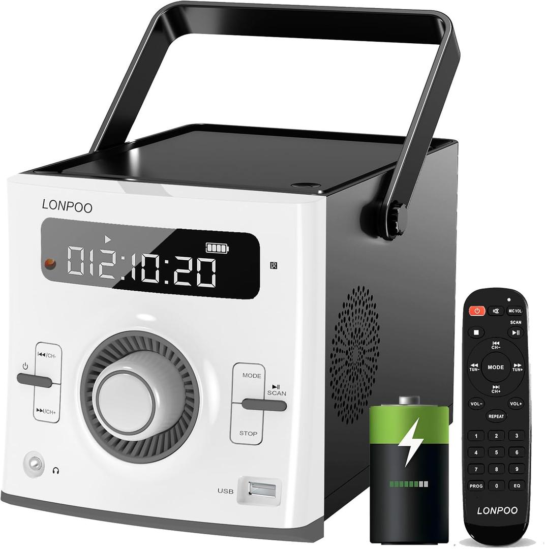 Portable CD Player Boombox 10W x2 | Built-in Rechargeable Battery | FM Radio/Bluetooth/USB/AUX Input | 3.5mm MIC & Headphone Port | Clear Stereo Sound | Remote Control (White 118)