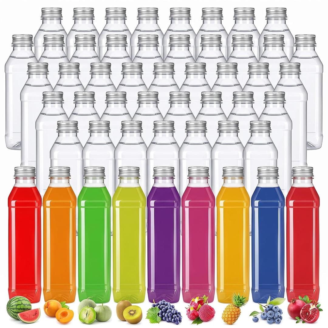 50 Pack 12 oz Plastic Juice Bottles with Caps,PET,Silver