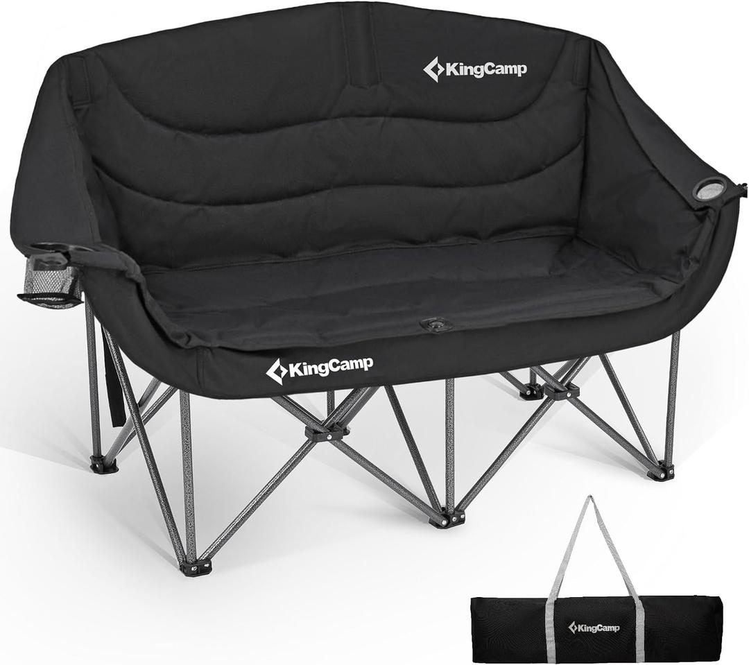 KingCamp Double Camping Chair, Oversized 880lbs Heavy Duty Loveseat for Adults Portable Folding XL 2 Person Couch Padded Comfortable Two Seat with Cup Holder for Outdoor Lawn Backyard, Black