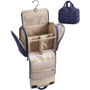 BAGSMART Makeup Bag Puffy Fabric Toiletry Bag, Removable Partition & Hanging Hook, Cosmetic Bag for Travel-Sized Shampoo, Conditioner, Brushes Set, Makeup Accessories, Medium Capacity, Navy Blue