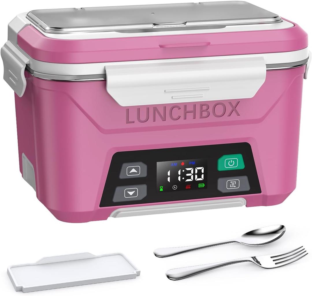 EAST OAK Cordless Electric Lunch Box for Adults, Heated Lunch Box Battery Powered with Automatic Heating, 5.5 Cups Portable Food Warmer with Removable Tray Divider (Pink)