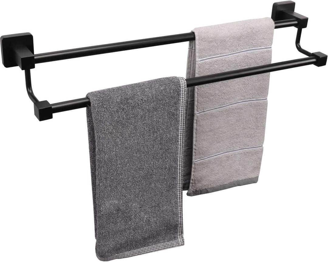 TocTen Double Bath Towel Bar - Thicken SUS304 Stainless Steel Towel Rack for Bathroom, Bathroom Accessories Double Towel Rod Heavy Duty Wall Mounted Square Towel Holder (Matte Black,24 INCH)