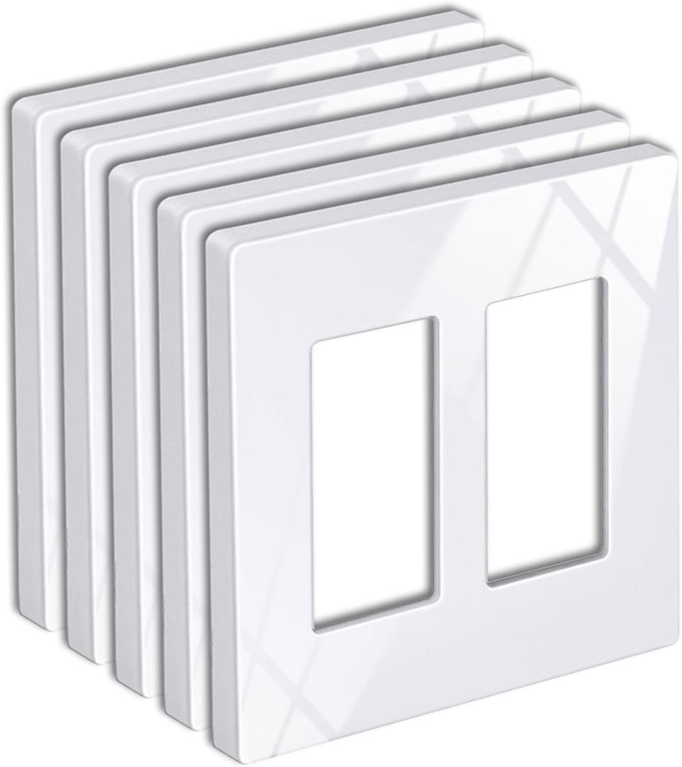 BESTTEN 5 Pack Screwless Decorator Wall Plate, 2 Gang Decorative Outlet Cover, USWP6 Gloss Snow White, H4.69 x W4.73, Faceplate Cover for Receptacle Outlet & Switch, UL Listed