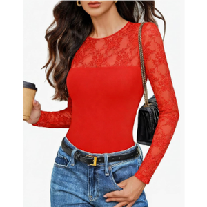Avidlove Lace Long Sleeve Bodysuit for Women Crew Neck Body Suits Slimming Going Out Concert Tops Fall Outfits, Size Medium