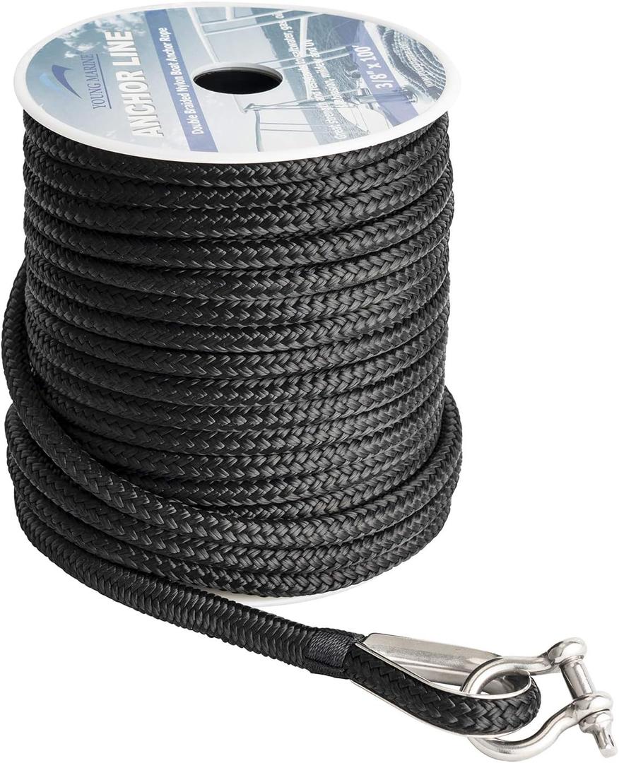 Young Marine Made 3/8 Inch 150FT Black Nylon Anchor Line Double Braided Anchor Rope/Line with Thimble (3/8" x 150')