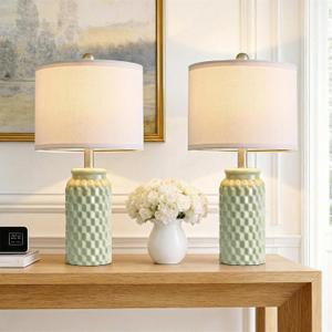 20.5" Small Bedside Lamps Set of 2 with 5FT Cord, Green Ceramic Modern Farmhouse Table Lamps for Nightstand, Living Room, Bedroom, 3D Honeycomb Stylish End Table Lamps(Bulb Not Included)