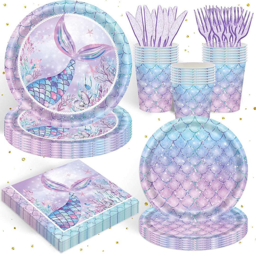 120PCS Mermaid Themed Party Supplies for Girls Baby Shower Under the Sea Mermaid Birthday Party Decorations Ocean Party Tableware Plates Cups Napkins Knives Forks for 20 Guests