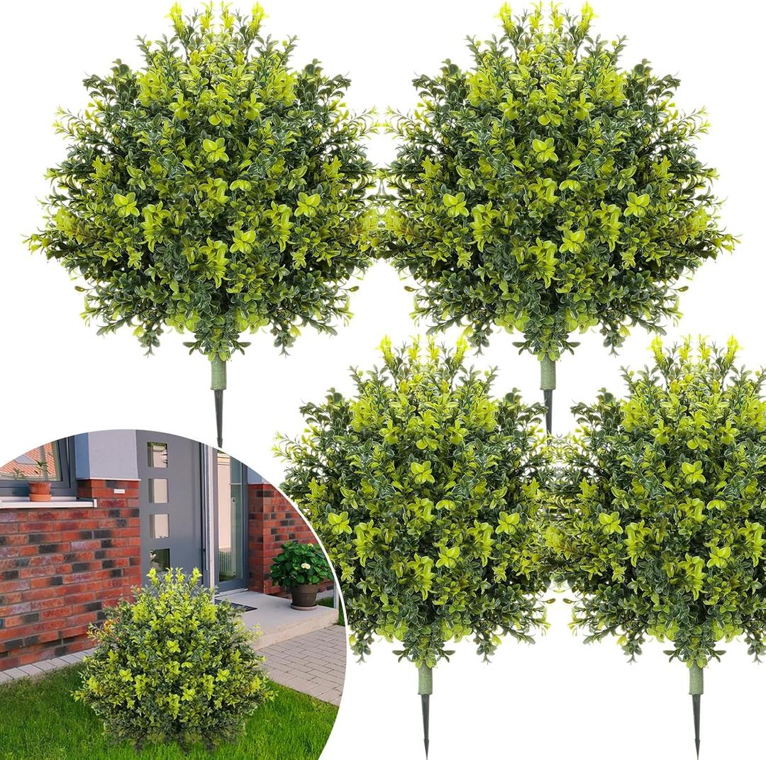 4 Pack Artificial Boxwood Topiary Ball 24'' Faux Boxwood Tree with Ground Spike UV Resistant Evergreen Bush Fake Outdoor Plants for Front Door Porch Garden Yard Wedding Indoor Decor
