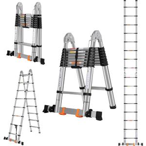 DEZEX A Frame Telescoping Ladders 16.5 FT Stainless Steel,Telescopic Ladder 330lbs Capacity Compact Ladder with Balance Bar and Movable Wheels,Multi-Purpose Collapsible Ladder for Indoor Outdoor Work