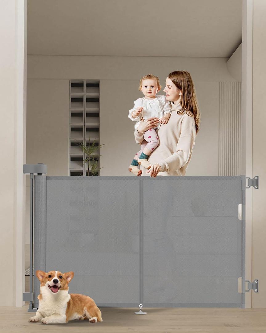 50 inch Retractable Baby Gates 34 inch Tall, Retractable Gate with Reinforced Strip Design to Prevent Crawling Through, Retractable Dog Gate for Stairs, Doorways, Hallways (Gray)