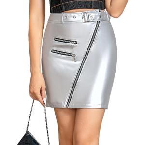 RAMISU Skirts for Women High Waisted A-Line Skirt Metallic Skirt Silver Zipper Skirts with Belt (S)