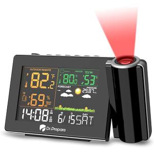 DR.PREPARE Projection Alarm Clock, Adjustable Projection Focus, Wireless Indoor Outdoor Temperature Humidity Monitor, 180° Projector, Snooze, Weather Forecast, Dual Alarms for Bedroom, Heavy Sleeper