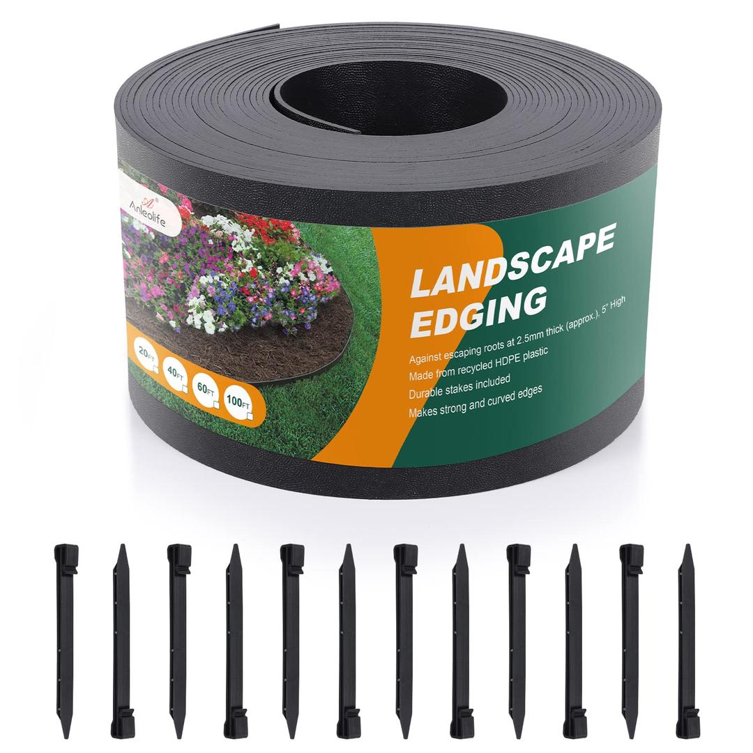 A ANLEOLIFE 100FT Flexible Plastic Landscape Edging Coil, 5" Black Garden Border for Yard, Flower Beds & Pathways, Anti-UV, 30 Stakes for Easy Install