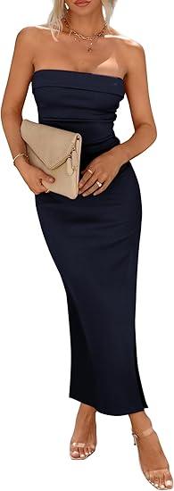 PRETTYGARDEN Women's Summer Bodycon Maxi Tube Dress Ribbed Strapless Side Slit Long Going Out Casual Elegant Party Dresses, Small Size