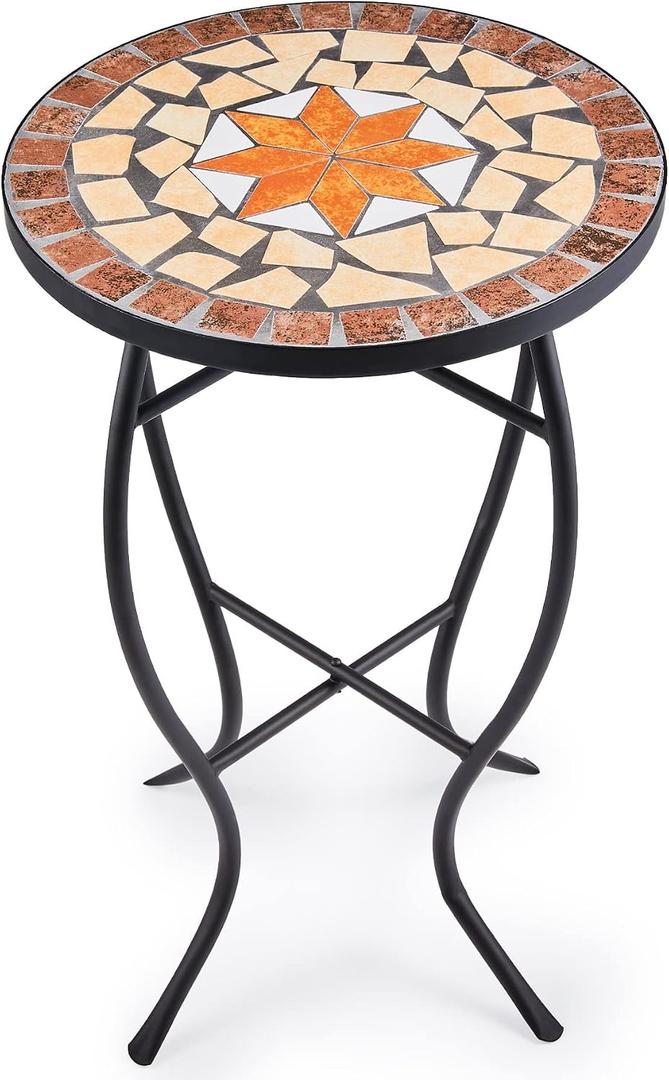 VONLUCE Mosaic Side Table and Plant Stand, 21" Round End Table with 14" Ceramic Tile Top, Indoor & Outdoor Accent Table, Porch Patio Furniture, Entryway & Coffee Table for Home & Garden, Maple, 14 14 21.5 in.