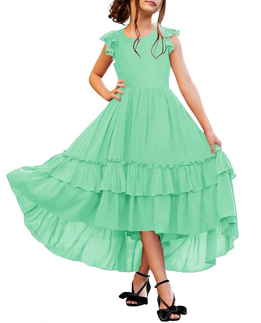 HOSIKA Girl School Party Dress Flower Lace High Low Ruffle Flowy Maxi Dress (M)
