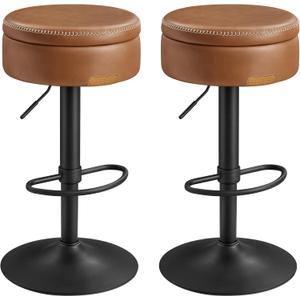 VASAGLE EKHO Collection - 360 Swivel Bar Stools Set of 2, Height Adjustable Barstools with Storage, Synthetic Leather with Stitching, Mid-Century Modern, Kitchen Bar, Easy Assembly, Caramel Brown