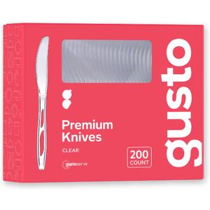 GUSTO [200 Count Premium Heavyweight Disposable Knives - Clear Plastic Knives Heavy Duty, Perfect for Parties, Events, and Catering (Formerly Comfy Package)