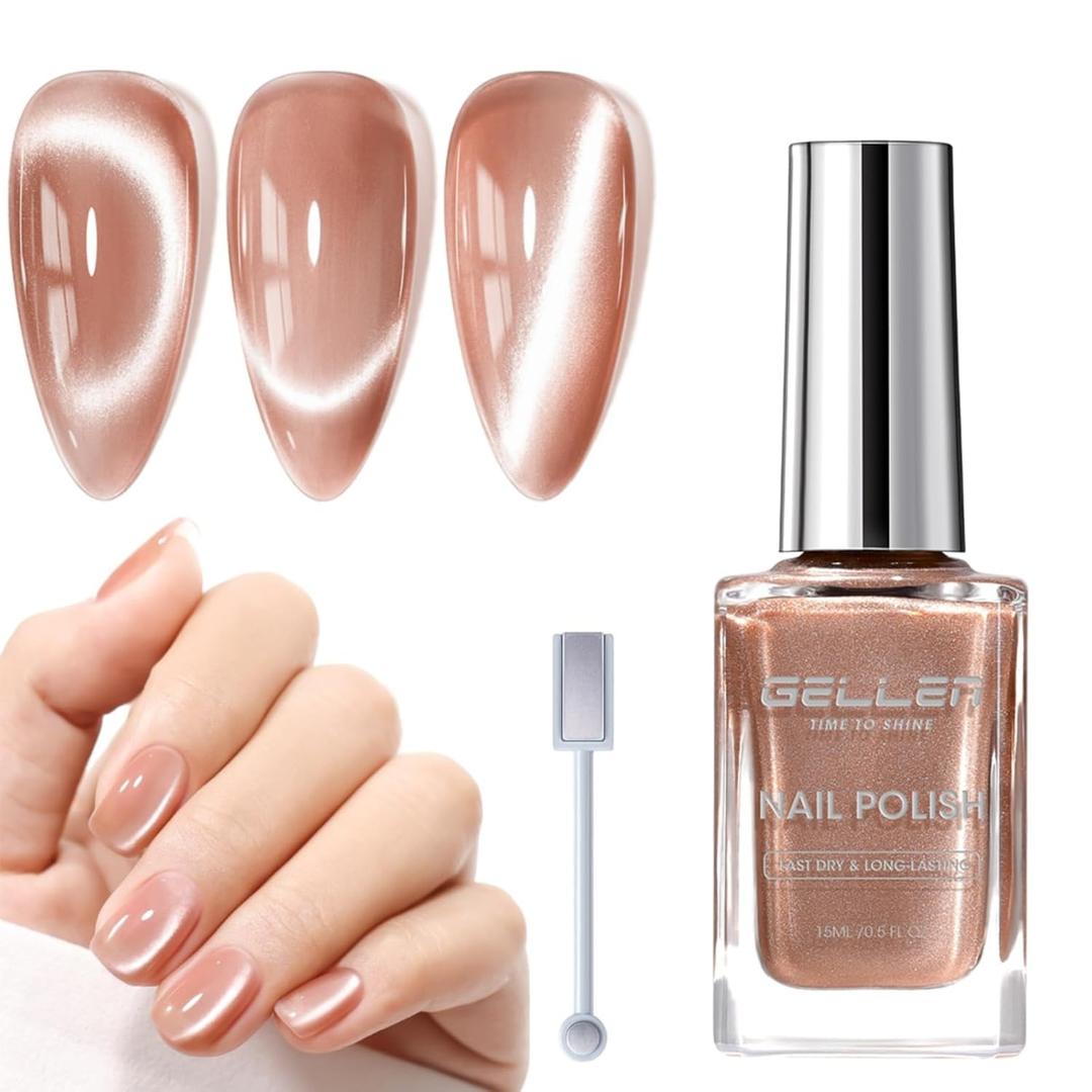 GELLEN Quick Dry Cat Eye Nail Polish, Magnetic Mocha Brown Fingernail Polish, Fast Drying Glitter Holographic Nail Polish Non Gel with Magnet Tool, DIY Salon Home, 0.51 Fl.oz