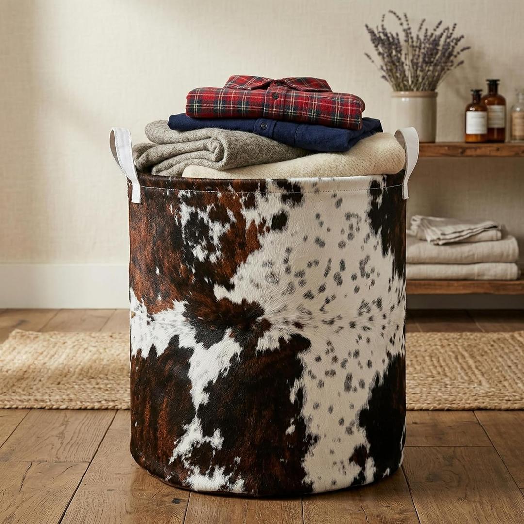 Highland Cow Laundry Basket with Lining Cowskin Printed Boys Girls Laundry Hamper for Clothes Storage Toys Bin Brown and White Cow Home Decor (Bull, 43L)