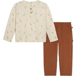 Modern Moments by Gerber Boys' Baby and Toddler Henley Shirt with Corduroy Pant Set (3T, Light Beige Trees)