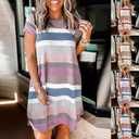 Melliflo Womens Short Sleeve Striped T Shirt Dress Round Neck Color Block Midi Dress Casual Pocket Dress (S)