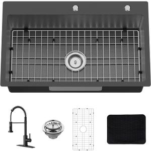 Black 30x18 Inch Drop In Kitchen Sink With Faucet-Stainless Steel Single Bowl Kitchen Sink Stylish&Modern Look With Faucet,Bottom Grid,Silicon Mat And Drain Assembly Add Elegance & Enhance Usability